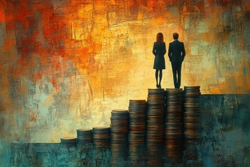 Surreal Business Figures on Stacks of Coins Illustrating Salary Inequality and Economic Competition