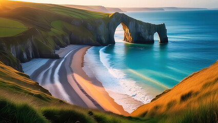 A beautiful beach with a large archway in the distance