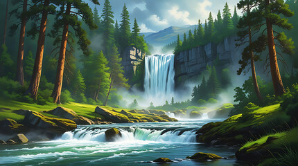 Beautiful waterfall flowing through a lush green forest with rocks and trees