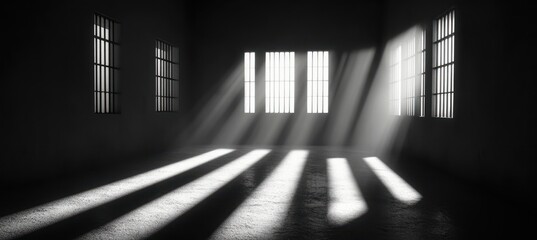 Light and Shadows in Prison Cell Bars on Imprisoned Convict