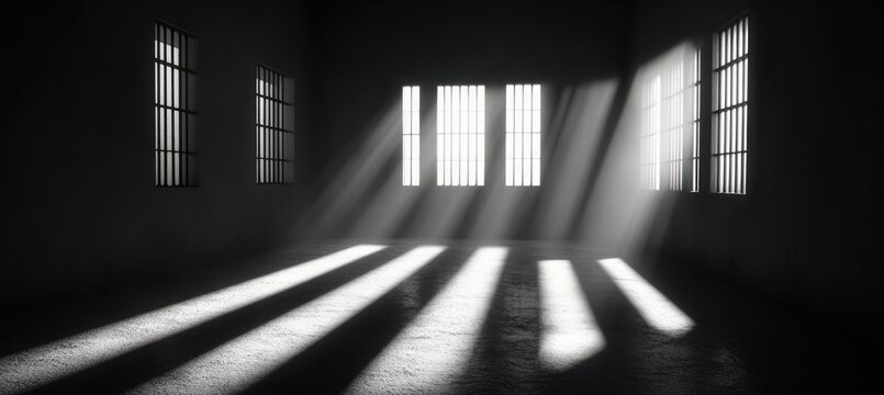 Light and Shadows in Prison Cell Bars on Imprisoned Convict
