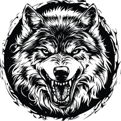 Fototapeta premium Head-on View of a Fierce Wolf in Black and White Grunge Style Vector Logo Design