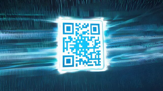 Digital blue QR code animation in a futuristic interface, representing modern technology and connectivity.