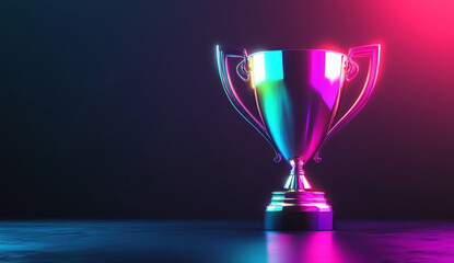 "3D neon illuminated winner's trophy cup with holographic effect on dark background"
