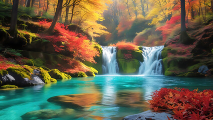 Autumn waterfall in a forest with flowing water and scenic rocks