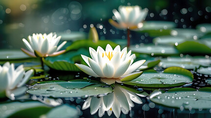 Beautiful white water lily blooming in a serene pond surrounded by lush green leaves and vibrant flowers