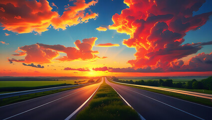 Asphalt highway reflects a vibrant sunset sky during a summer road journey