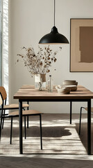 Modern Dining Room Interior Photo with Brown Wooden Table Chairs and Decor