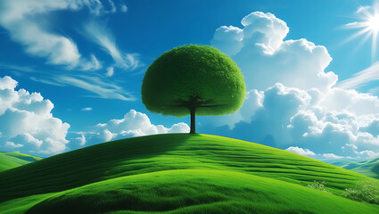 A vibrant green meadow under a vast blue summer sky