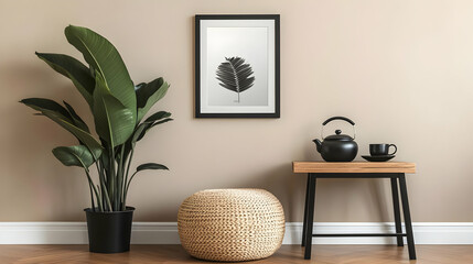 Modern Interior Design with Plant Artwork and Tea Set Photo