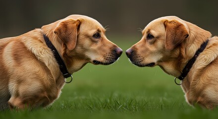 Intimate Encounter: Two Labrador Retrievers Face Each Other in a Field