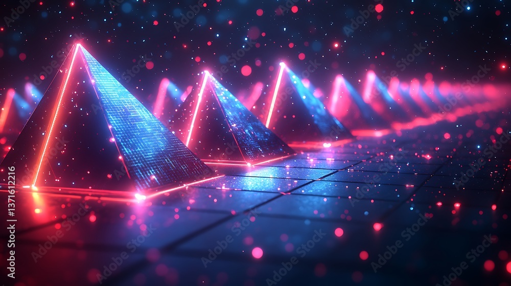 Aufkleber abstract futuristic geometric pyramid shapes illuminated with neon colors, creating a modern, techno