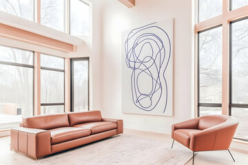 Modern Living Room Photo with Leather Sofa Artwork and Large Windows Interior