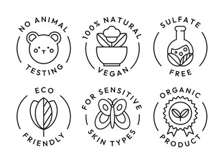 Eco cosmetics icon. Organic natural products alcohol, paraben and gluten free line icons for packaging. Stamps and badges vector set. Non toxic, no animal testing, for all skin types