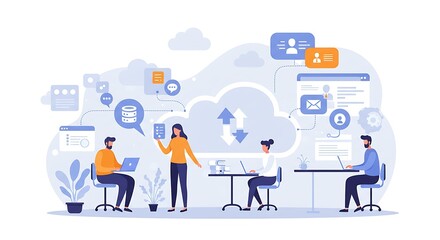 Cloud Computing Teamwork Collaboration, Vector Flat Design, Generative AI