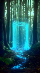 Mystical Forest Scene with Glowing Blue Portal Light and Trees Photo