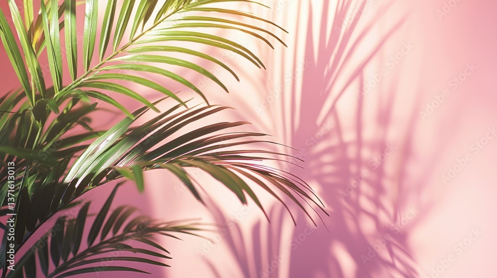 Poster blurred shadow from palm leaves on the light pink wall. minimal abstract background for product pres