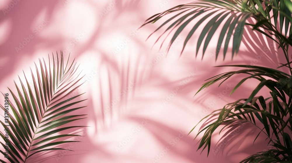 Poster blurred shadow from palm leaves on the pink wall. minimal abstract background for product presentati