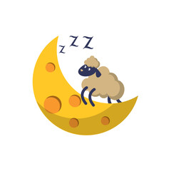 Vector image of a moon icon with a sleeping sheep on it with a white background