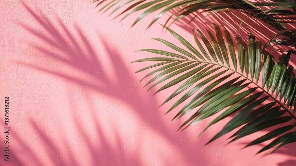 Poster blurred shadow from palm leaves on the pink wall. minimal abstract background for product presentati
