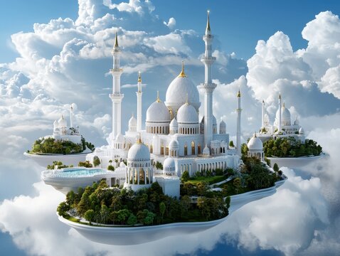 Celestial City: A serene, white architectural wonder floating amidst fluffy clouds and blue skies. Peaceful fantasy.