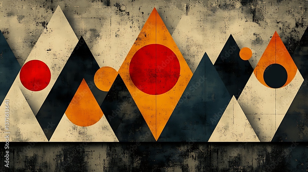 Poster abstract geometric composition with triangles and circles on textured background, modern art visual,
