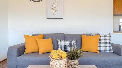 Photo of a Cozy Living Room with Grey Sofa and Yellow Pillows Interior Design