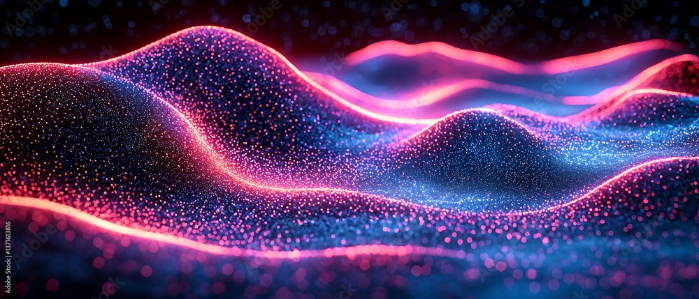 Poster abstract glowing particle waves: vibrant pink and blue digital landscape visualization backdrop for 