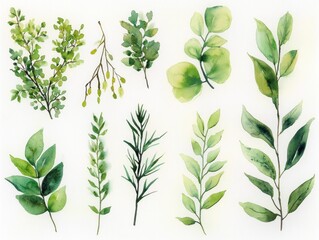 Naklejka premium Watercolor Leaves and Branches Botanical Illustration Minimalistic Pastel Green Vintage Style