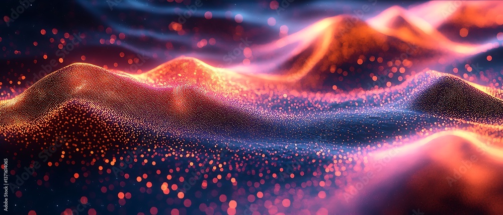 Aufkleber abstract glowing particle waves: dynamic orange and blue landscape with bokeh effect illustration.