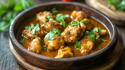 Delicious Spicy Chicken Curry Garnished With Fresh Herbs in Wooden Bowl on Rustic Table