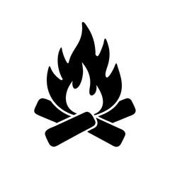 Minimalist black and white silhouette campfire icon with burning logs in vector style