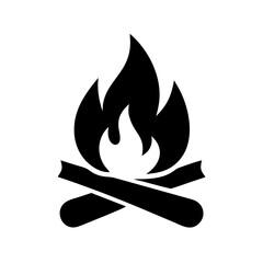 Minimalist black and white silhouette campfire icon with burning logs in vector style
