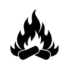 Minimalist black and white silhouette campfire icon with burning logs in vector style