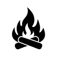 Minimalist black and white silhouette campfire icon with burning logs in vector style