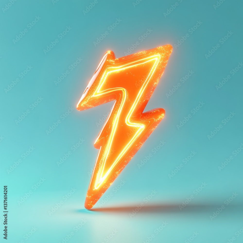 Aufkleber 3d orange lightning bolt with glowing edges on soft cyan background in minimalistic geometric art st