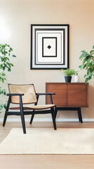 Photo of a Modern Wooden Chair and Cabinet with Plants in a Bright Room Interior