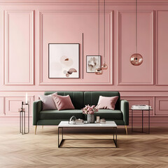 Photo of a Modern Living Room Interior with Pink Walls Green Sofa and Decorative Elements