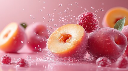 Peaches and slices levitate on pink, a dynamic fresh representation.