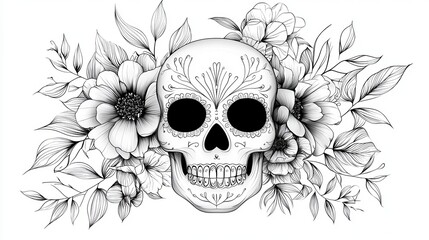 Fototapeta premium Floral sugar skull illustration, perfect for Day of the Dead celebrations. Black and white drawing.