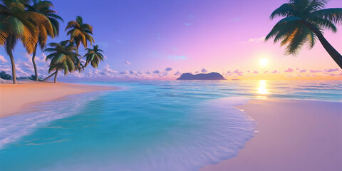 Obraz premium Photo of Beach Sunset with Palm Trees Ocean and Golden Sky