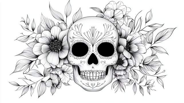 Floral sugar skull illustration, perfect for Day of the Dead celebrations. Black and white drawing.