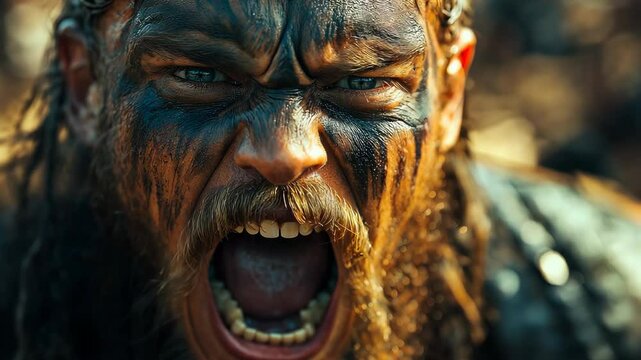 Intense warrior battle cry with fierce expression in historical setting filled with energy and emotion