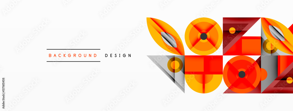 Poster Geometric abstract composition with intersecting shapes, circles, triangles, and gradients, blending vibrant colors and dynamic contrasts to create a modern, futuristic visual design