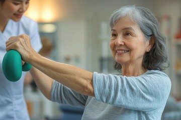 Elderly Asian Woman with Caregiver in Physical Therapy Session Using Dumbbell for Health and Fitness