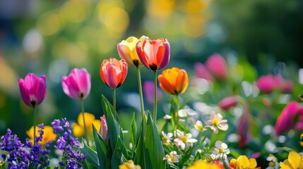Colorful spring flowers in the garden in nature. Bright multicolored spring background.