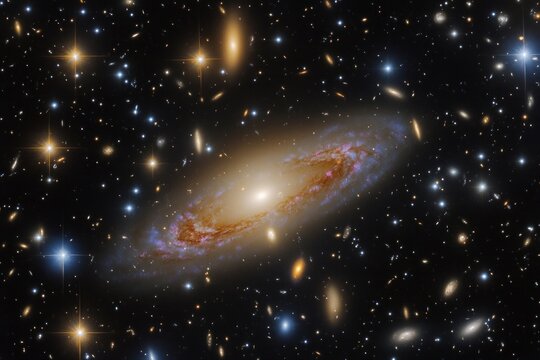 A spiral galaxy amidst numerous stars and galaxies in deep space, showing luminous core and extended arms filled with colorful celestial bodies