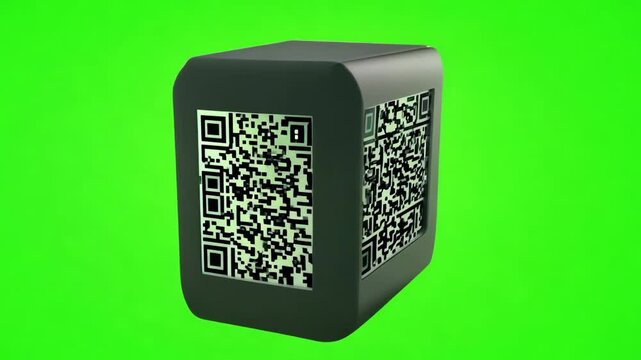 gray cube with QR code on each face on green screen background, symbolizing technology and data storage.