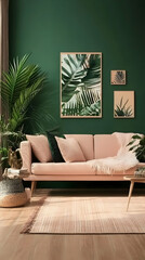 Photo of Cozy Living Room with Pink Sofa Green Wall and Plants