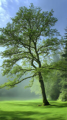 Obraz premium Photo of a Tall Tree with Green Leaves in a Misty Green Landscape